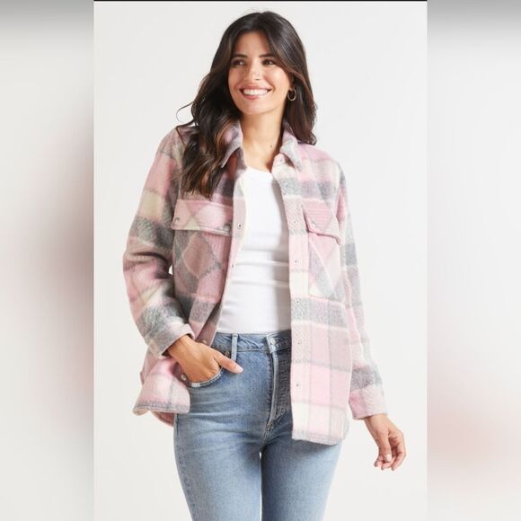 Anthropologie Blank NYC Cabin Fever Shacket Gray/Pink/White Size Medium NWT - Picture 1 of 10